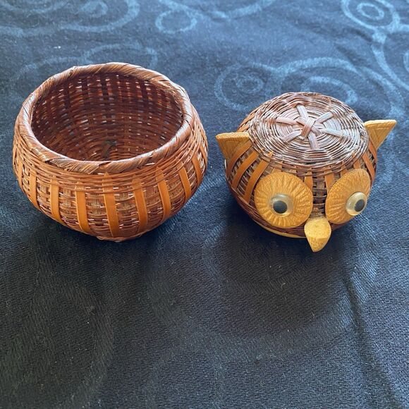 Vintage Owl Basket Woven Wicker Rattan Trinket Storage Box Farmhouse Boho MCM - Picture 8 of 8